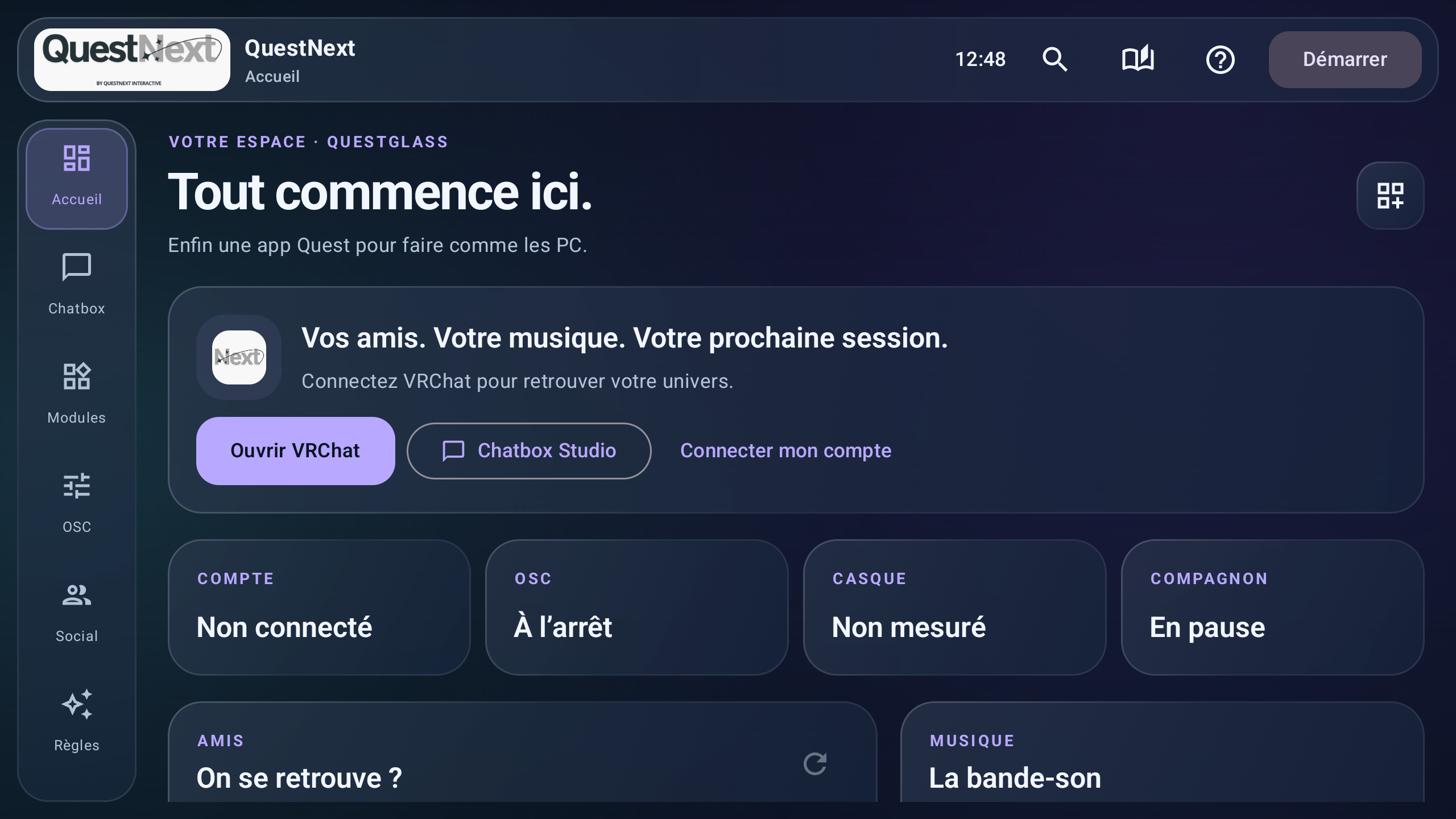 Accueil réel de QuestNext 0.6.1 sur Quest 2